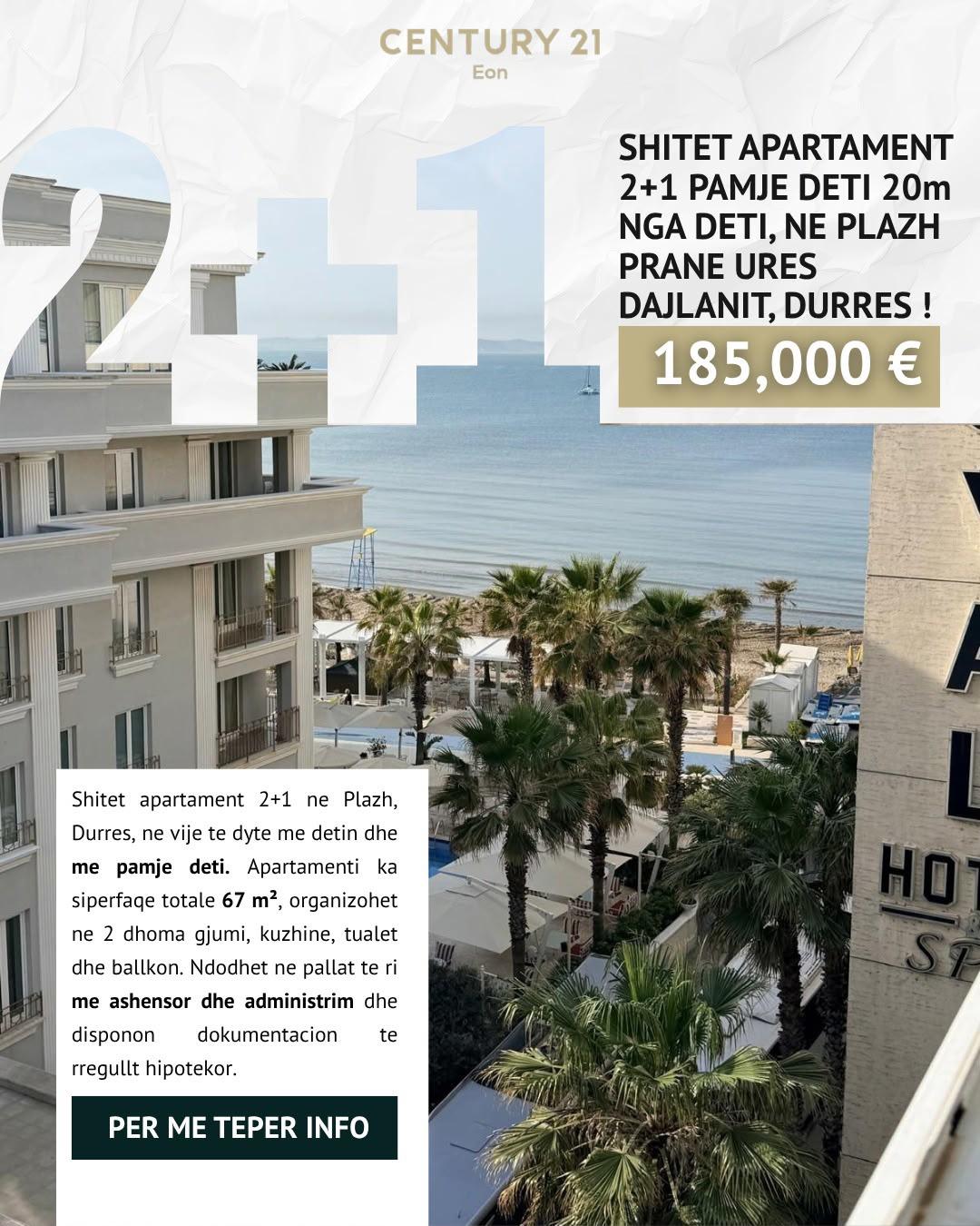 SHITET APARTAMENT 2+1 PAMJE DETI 20m NGA DETI, NE PLAZH PRAN – Durrës
