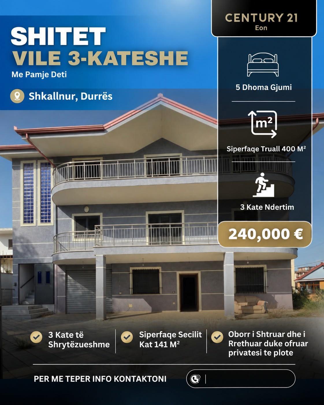 Vilë 3-katëshe me pamje deti në Shkallnur – 400 m² truall ! – Durrës