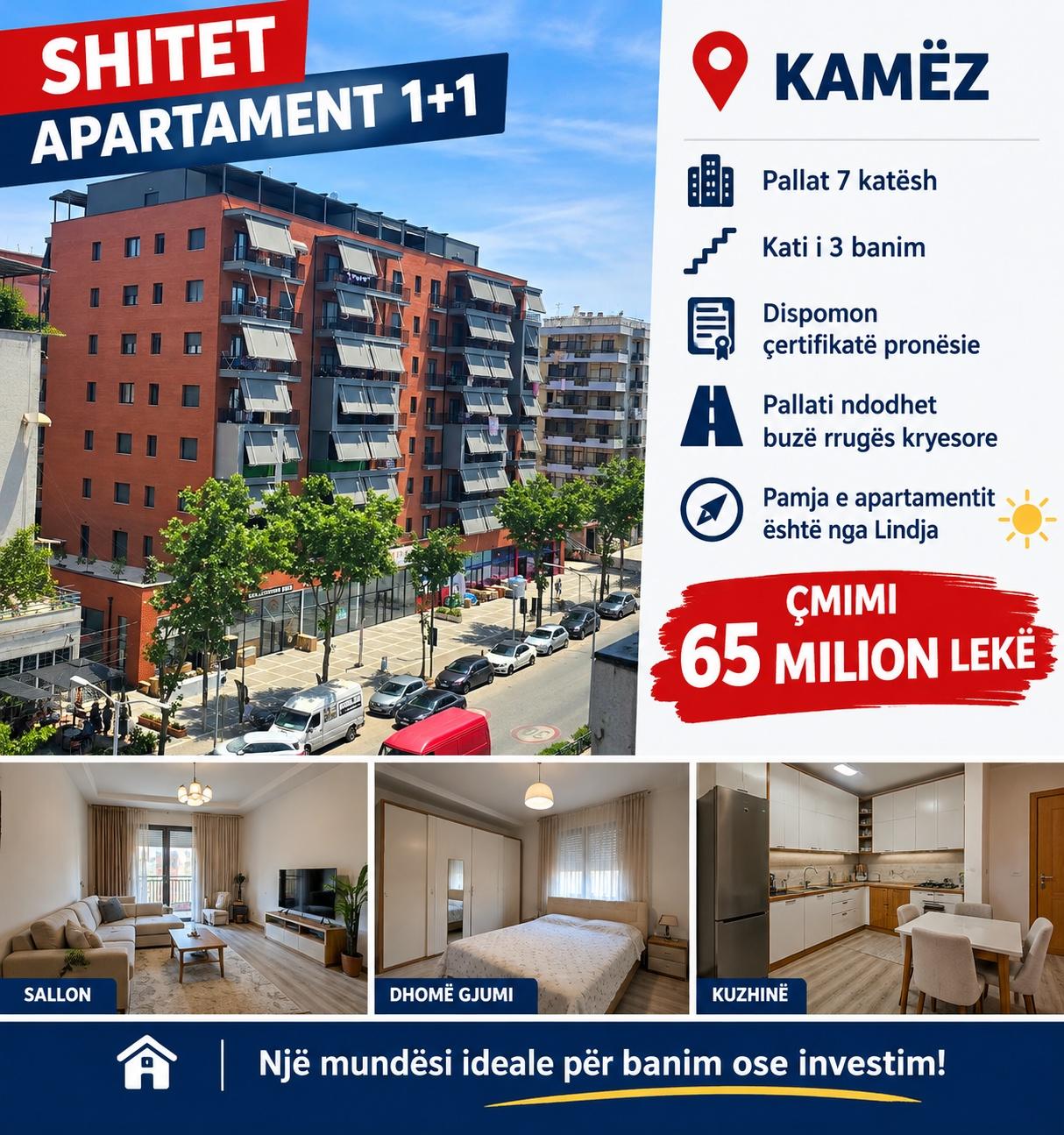 Shitet apartament 1+1 me çertifikatë pronësie,në KAMEZ – Tiranë